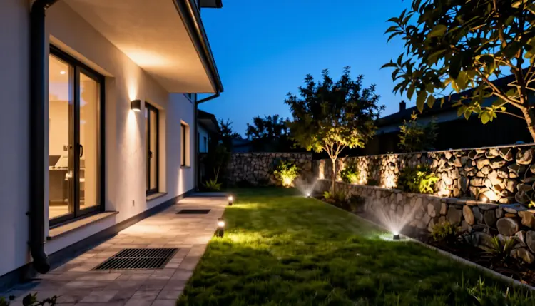 Вид благоустроенного загородного участка в сумерках. современный дом с аккуратной отмосткой и водосточными решётками